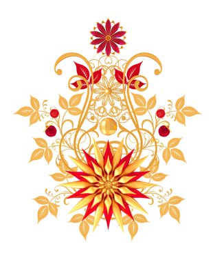 3D render. Altın stilize çiçekler, narin parlak bukleler, desenli öğe oryantal tarzı Arabesk. Parlak dantel. Narin, ahududu kolye zincir halinde dokuma Ajur.