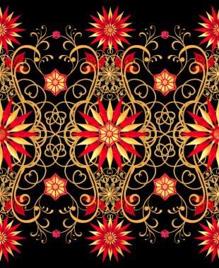 3D render. Altın stilize çiçekler, narin parlak bukleler, desenli öğesi, seamless modeli. Oryantal tarzı Arabesk. Parlak dantel. Narin, ahududu kolye zincir halinde dokuma Ajur.