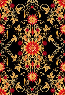 3D render. Altın stilize çiçekler, narin parlak bukleler, desenli öğesi, seamless modeli. Oryantal tarzı Arabesk. Parlak dantel. Narin, ahududu kolye zincir halinde dokuma Ajur.