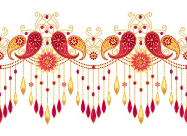 3D render. Altın stilize çiçekler, narin parlak bukleler, desenli öğesi, seamless modeli. Oryantal tarzı Arabesk. Parlak dantel, Türk, Hint salatalık, bir zincir kolye.