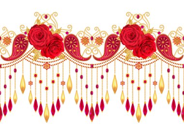 3D render. Altın stilize çiçekler, narin parlak bukleler, desenli öğesi, seamless modeli. Oryantal tarzı Arabesk. Parlak dantel, Türk, Hint salatalık, bir zincir kolye.