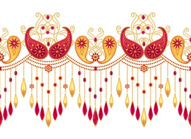 3D render. Altın stilize çiçekler, narin parlak bukleler, desenli öğesi, seamless modeli. Oryantal tarzı Arabesk. Parlak dantel, Türk, Hint salatalık, bir zincir kolye.