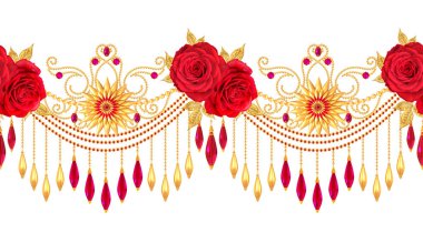 3D render. Altın stilize çiçekler, narin parlak bukleler, desenli öğesi, seamless modeli. Oryantal tarzı Arabesk. Parlak dantel. Narin, kolye zincir halinde dokuma Ajur.