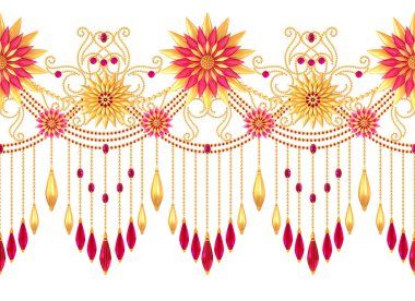 3D render. Altın stilize çiçekler, narin parlak bukleler, desenli öğesi, seamless modeli. Oryantal tarzı Arabesk. Parlak dantel. Narin, kolye zincir halinde dokuma Ajur.