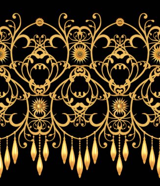 3D render. Altın stilize çiçekler, narin parlak bukleler, desenli öğesi, seamless modeli. Oryantal tarzı Arabesk. Parlak dantel. Narin, kolye zincir halinde dokuma Ajur.