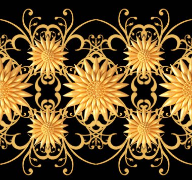 3D render. Altın stilize çiçekler, narin parlak bukleler, desenli öğesi, seamless modeli. Oryantal tarzı Arabesk. Parlak dantel. Narin, altın arka plan dokuma Ajur.