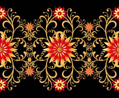 3D render. Altın stilize çiçekler, narin parlak bukleler, desenli öğesi, seamless modeli. Oryantal tarzı Arabesk. Parlak dantel. Narin, altın arka plan dokuma Ajur.