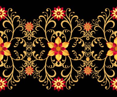 3D render. Altın stilize çiçekler, narin parlak bukleler, desenli öğesi, seamless modeli. Oryantal tarzı Arabesk. Parlak dantel. Narin, altın arka plan dokuma Ajur.