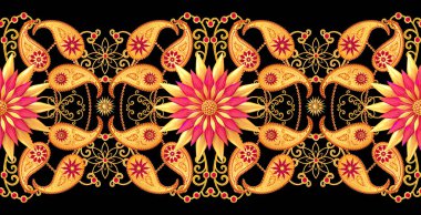 3D render. Altın stilize çiçekler, narin parlak bukleler, desenli öğesi, seamless modeli. Oryantal tarzı Arabesk. Parlak dantel, Türk, Hint salatalık.