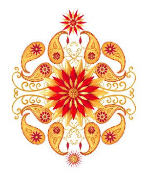 3D render. Altın stilize çiçekler, narin parlak bukleler, desenli öğe oryantal tarzı Arabesk. Parlak dantel. Ajur hassas dokuma. Türk Hint salatalık.