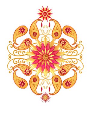 3D render. Altın stilize çiçekler, narin parlak bukleler, desenli öğe oryantal tarzı Arabesk. Parlak dantel. Ajur hassas dokuma. Türk Hint salatalık.