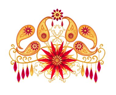 3D render. Altın stilize çiçekler, narin parlak bukleler, desenli öğe oryantal tarzı Arabesk. Parlak dantel. Narin, ahududu kolye zinciri üzerinde dokuma Ajur. Türk Hint salatalık.