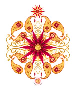 3D render. Altın stilize çiçekler, narin parlak bukleler, desenli öğe oryantal tarzı Arabesk. Parlak dantel. Ajur hassas dokuma. Türk Hint salatalık.