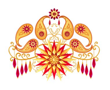 3D render. Altın stilize çiçekler, narin parlak bukleler, desenli öğe oryantal tarzı Arabesk. Parlak dantel. Narin, ahududu kolye zinciri üzerinde dokuma Ajur. Türk Hint salatalık.