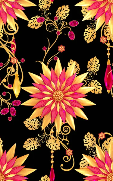 Rendering Golden Stylized Flowers Delicate Shiny Curls Paisley Element Seamless — Stock Photo, Image