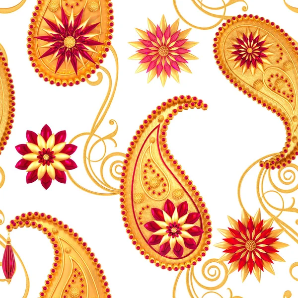 Darstellung Goldene Stilisierte Blumen Zarte Glänzende Locken Paisley Elemente Nahtloses — Stockfoto
