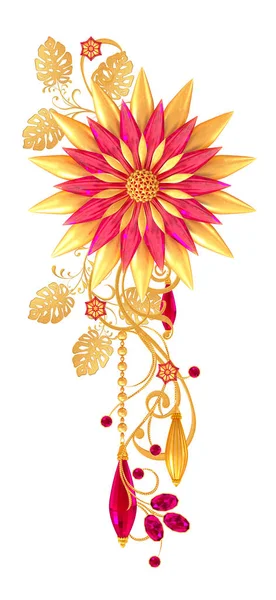 金色风格的花朵 精致闪亮的卷发 佩斯利元素东方风格的阿拉伯风格 精彩的蕾丝 开放式编织精致的覆盆子吊坠在链子上 — 图库照片