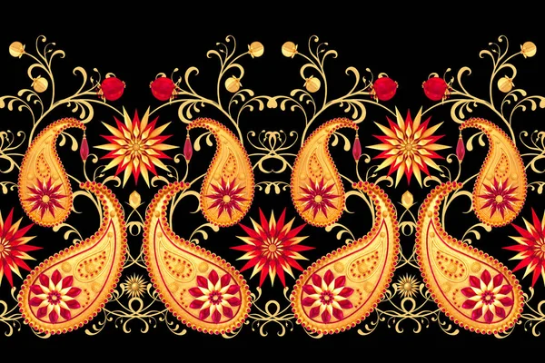 Rendering Golden Stiliserade Blommor Fina Blanka Lockar Paisley Element Sömlösa — Stockfoto