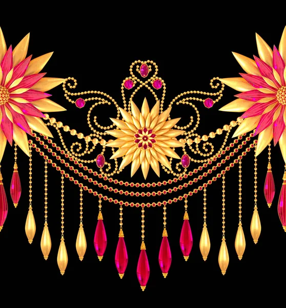 金色风格的花朵 精致闪亮的卷发 佩斯利元素 无缝图案 东方风格的阿拉伯风格 精彩的蕾丝 开口编织精致 挂件链 — 图库照片