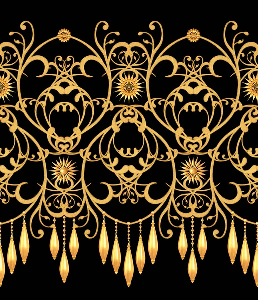 金色风格的花朵 精致闪亮的卷发 佩斯利元素 无缝图案 东方风格的阿拉伯风格 精彩的蕾丝 开口编织精致 挂件链 — 图库照片