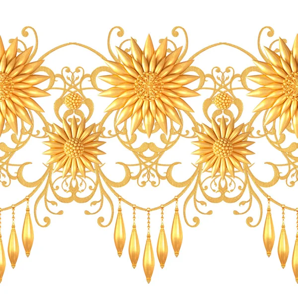 Renderowania Golden Stylizowane Kwiaty Delikatne Lśniące Loki Paisley Elementu Wzór — Zdjęcie stockowe