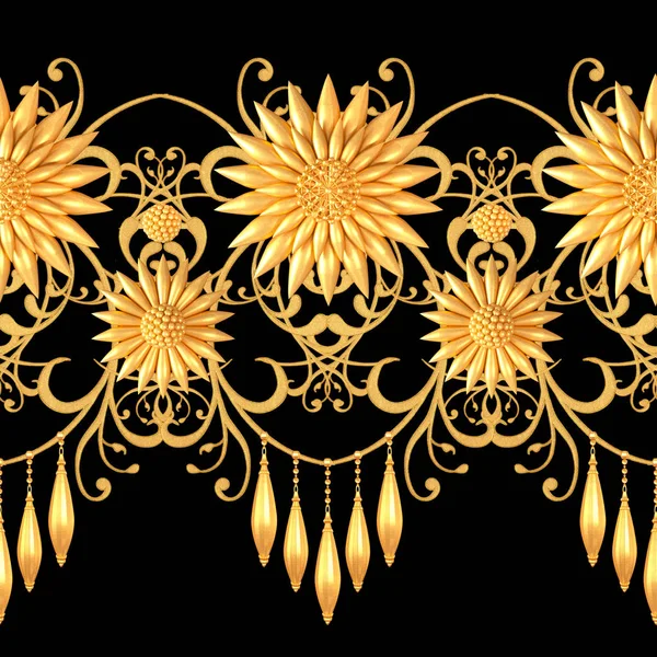 Rendering Gouden Gestileerde Bloemen Delicate Glanzende Krullen Paisley Element Naadloze — Stockfoto