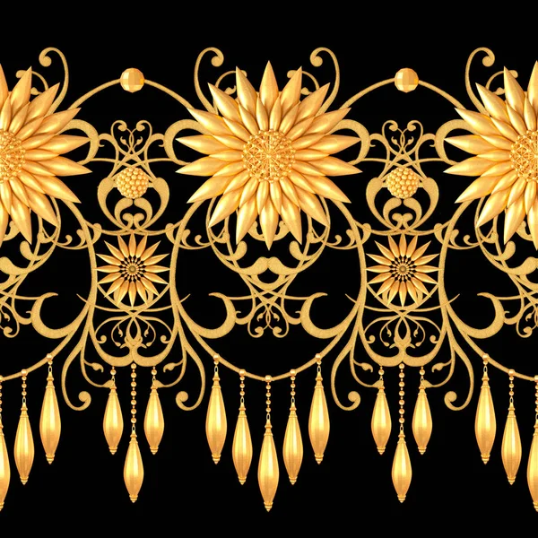 Vykreslování Zlatý Stylizované Květy Jemné Lesklé Kadeře Paisley Prvek Bezešvé — Stock fotografie