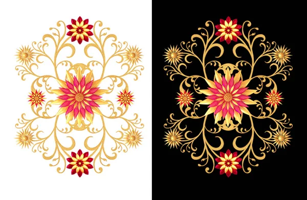 Rendering Golden Stylized Flowers Delicate Shiny Curls Paisley Element Oriental — Stock Photo, Image