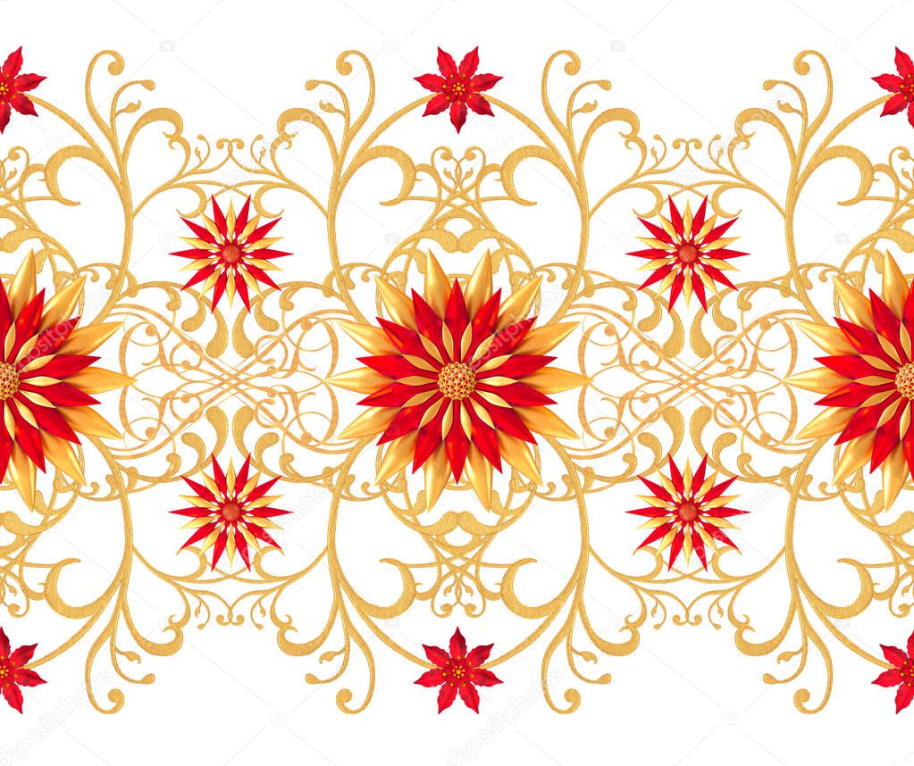 3d rendering. Golden stylized flowers, delicate shiny curls, paisley element, seamless pattern. Oriental style arabesques. Brilliant lace. Openwork weaving delicate, golden background.