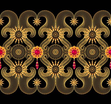 3D render. Altın stilize çiçekler, narin parlak bukleler, desenli öğesi, seamless modeli. Oryantal tarzı Arabesk. Parlak dantel. Narin, altın arka plan dokuma Ajur.