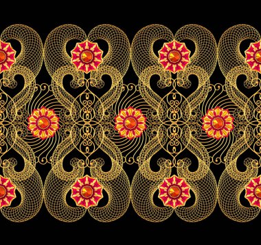 3D render. Altın stilize çiçekler, narin parlak bukleler, desenli öğesi, seamless modeli. Oryantal tarzı Arabesk. Parlak dantel. Narin, altın arka plan dokuma Ajur.