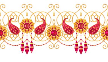 3D render. Altın stilize çiçekler, narin parlak bukleler, desenli öğesi, seamless modeli. Oryantal tarzı Arabesk. Parlak dantel, Türk, Hint salatalık, bir zincir kolye.