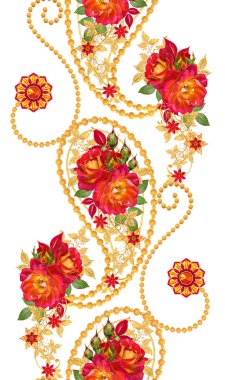 Eleman Paisley Hint salatalık. Altın boncuk dokuma, bukleler, stilize köpüklü çiçekler, kırmızı güller ve ışıltılı yaprakları çiçek düzenlemesi. Floral Dikişsiz desen