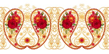 Eleman Paisley Hint salatalık. Altın boncuk dokuma, bukleler, stilize köpüklü çiçekler, kırmızı güller ve ışıltılı yaprakları çiçek düzenlemesi. Floral Dikişsiz desen