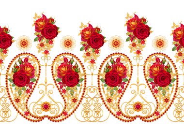 Eleman Paisley Hint salatalık. Altın boncuk dokuma, bukleler, stilize köpüklü çiçekler, kırmızı güller ve ışıltılı yaprakları çiçek düzenlemesi. Floral Dikişsiz desen