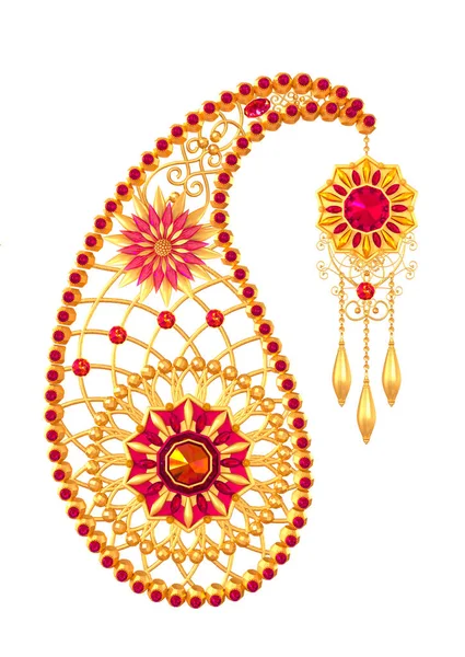 Элемент Paisley Индийский Огурец Золотая Ткань Стилизованные Сверкающие Цветы Изолированные — стоковое фото