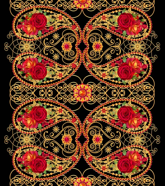 元素派斯利印度黄瓜 金色的花纹编织 风格化的闪闪发光的花朵 红色玫瑰和闪闪发光的叶子的花安排 花卉无缝模式 — 图库照片