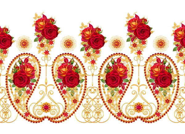 Eleman Paisley Hint salatalık. Altın boncuk dokuma, bukleler, stilize köpüklü çiçekler, kırmızı güller ve ışıltılı yaprakları çiçek düzenlemesi. Floral Dikişsiz desen