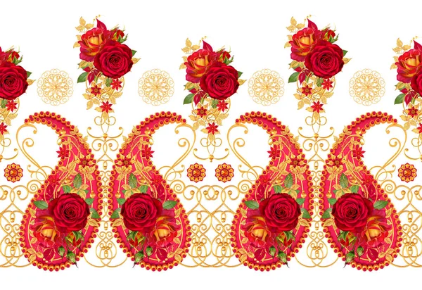 Elément Paisley Concombre Indien Tissage Doré Boucles Fleurs Scintillantes Stylisées — Photo