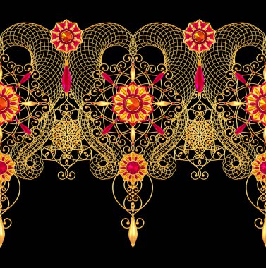 3D render. Altın stilize çiçekler, narin parlak bukleler, desenli öğesi, seamless modeli. Oryantal tarzı Arabesk. Parlak dantel. Narin, kolye zincir halinde dokuma Ajur.