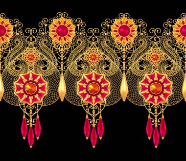 3D render. Altın stilize çiçekler, narin parlak bukleler, desenli öğesi, seamless modeli. Oryantal tarzı Arabesk. Parlak dantel. Narin, kolye zincir halinde dokuma Ajur.