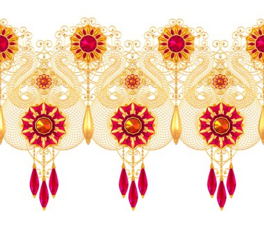 3D rendering. Altın stilize çiçekler, parlak bukleler, Paisley elemanı, Dikişsiz desen. Oryantal tarzı Arabesques. Parlak dantel. Açık iş dokuma narin, bir zincir üzerinde kolye.