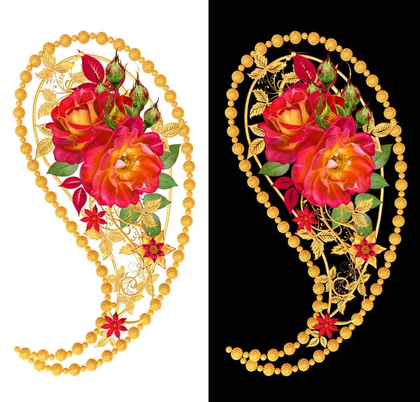 Elément Paisley Concombre Indien Tissage Doré Boucles Fleurs Étincelantes Stylisées — Photo