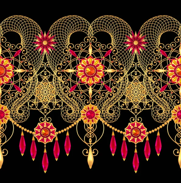 Rendering Golden Stylized Flowers Shiny Curls Paisley Element Seamless Pattern — Stock Photo, Image