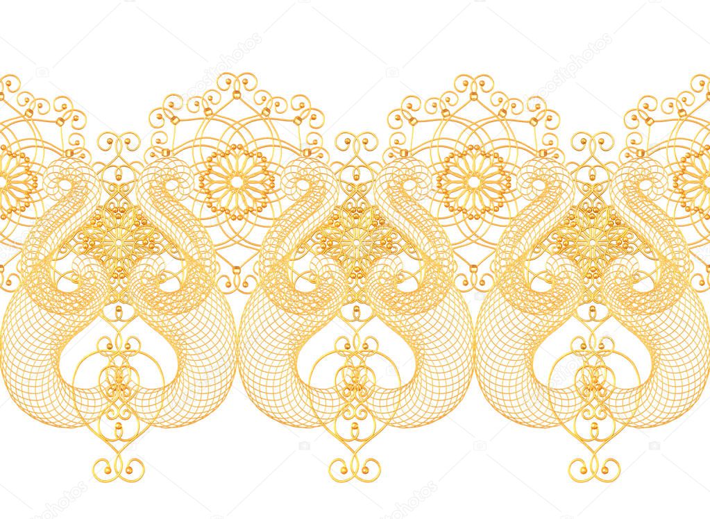 3d rendering. Golden stylized flowers, delicate shiny curls, paisley element, seamless pattern. Oriental style arabesques. Brilliant lace. Openwork weaving delicate, golden background.