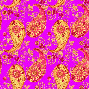 3D rendering. Altın stilize çiçekler, hassas parlak bukleler, Paisley elemanı, Dikişsiz desen. Oryantal tarzı Arabesques. Parlak dantel, Hint salatalık, bir zincir üzerinde kolye.