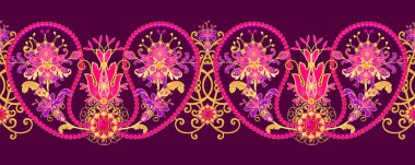 3d render. Altın stilize çiçekler, narin parlak bukleler, paisley element, dikişsiz desen. Oryantal tarzı arabesk. Parlak dantel, Hint salatalık.