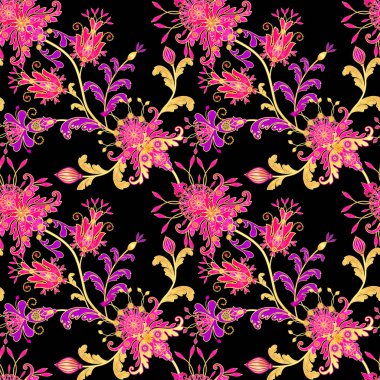 3d render. Altın stilize çiçekler, narin parlak bukleler, paisley element, dikişsiz desen. Oryantal tarzı arabesk. Parlak dantel.