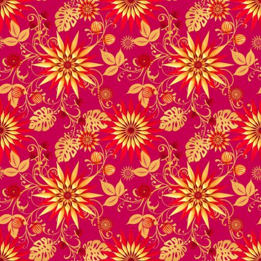 3d render. Altın stilize çiçekler, narin parlak bukleler, paisley element, dikişsiz desen. Oryantal tarzı arabesk. Parlak dantel.