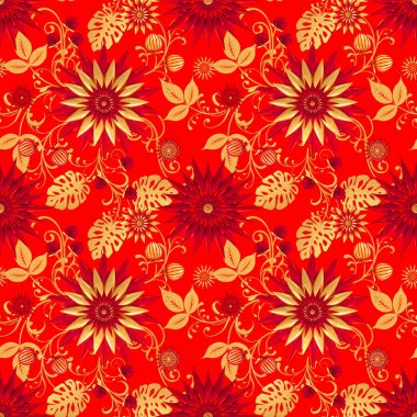 3d render. Altın stilize çiçekler, narin parlak bukleler, paisley element, dikişsiz desen. Oryantal tarzı arabesk. Parlak dantel, Hint salatalık.